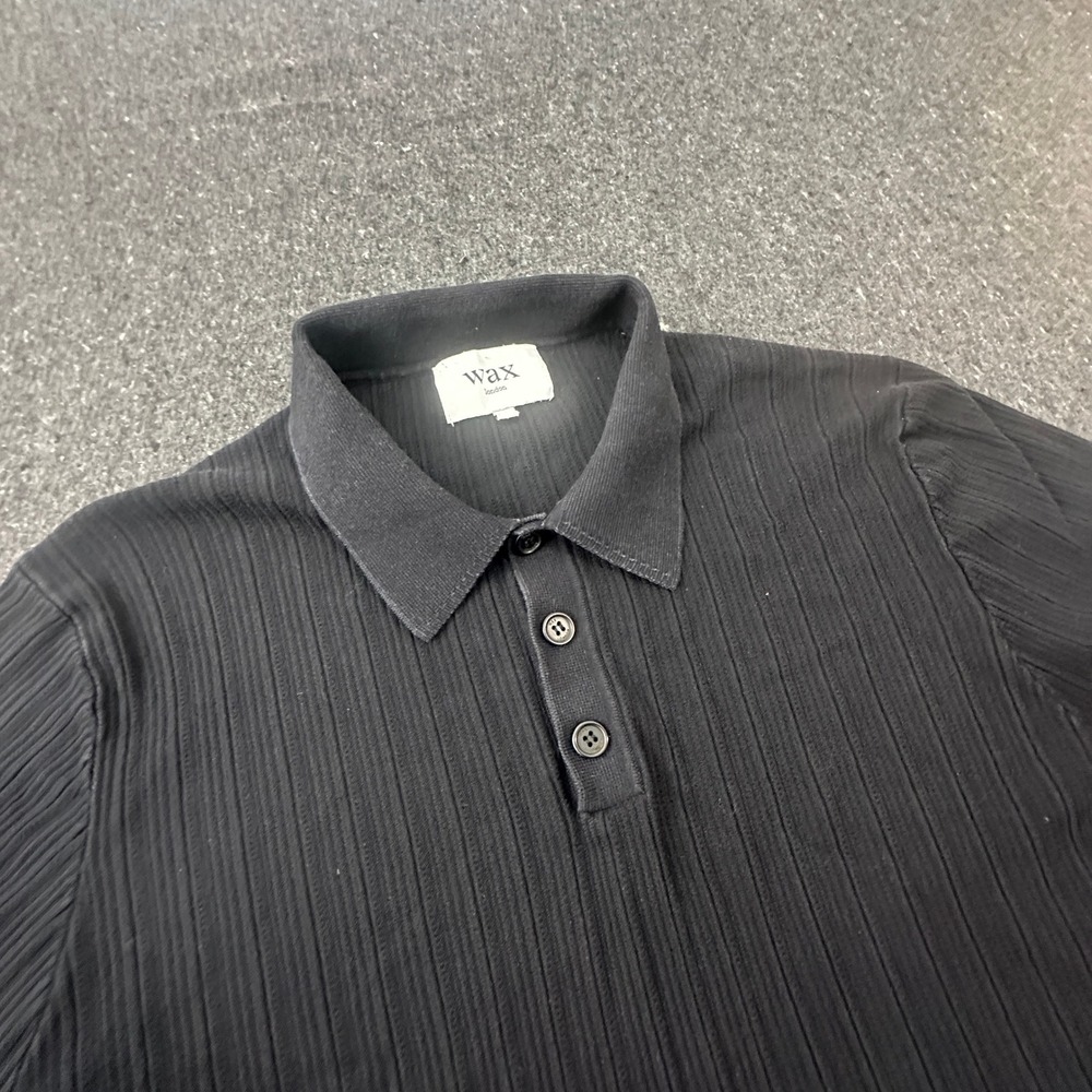 Wax London Polo Shirt Men L Black Ribbed Knit Long Sleeve Button Placket Casual